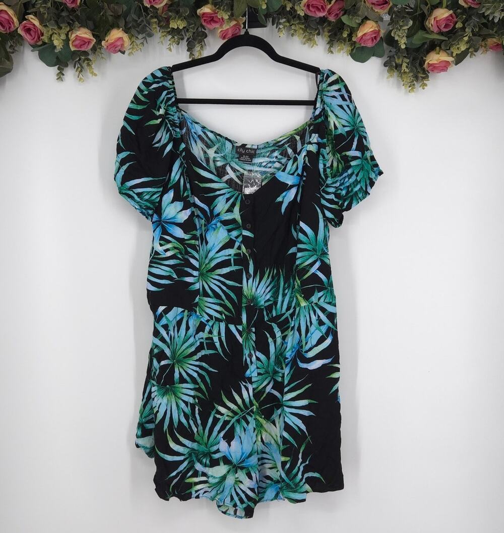 City Chic Plus Size Tropical Leaf Print Romper Size 22 NWT